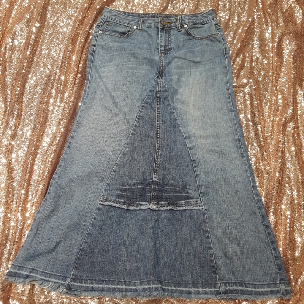 Long denim distress skirt